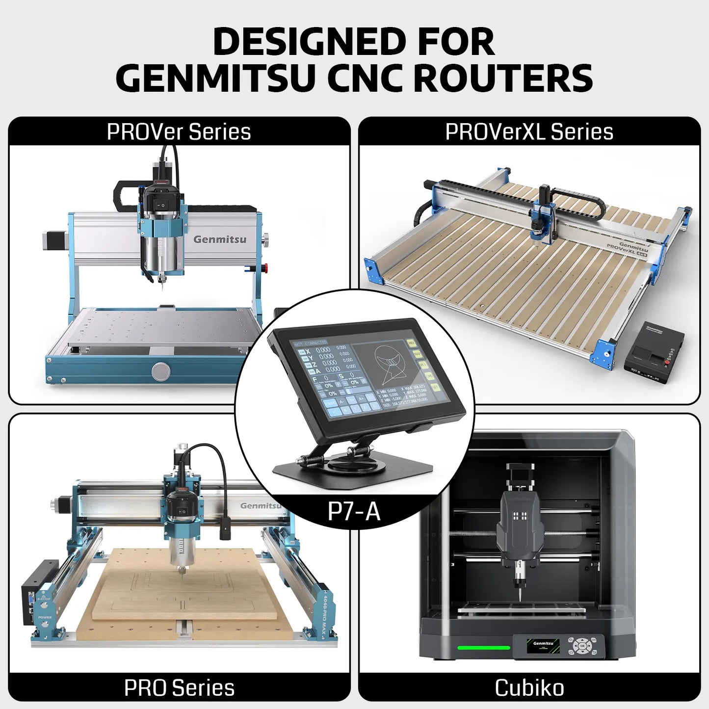 Promotional collage for Genmitsu CNC routers, showing four product variants: ProVer Series, ProVerXL Series, Pro Series, and Cubiko, plus a central touchscreen controller labeled P7-A, with the headline 'DESIGNED FOR GENMITSU CNC ROUTERS' at the top.