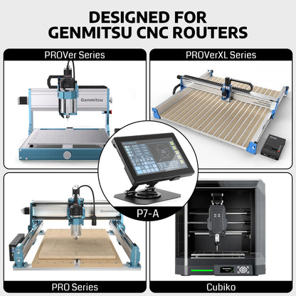 Promotional collage for Genmitsu CNC routers, showing four product variants: ProVer Series, ProVerXL Series, Pro Series, and Cubiko, plus a central touchscreen controller labeled P7-A, with the headline 'DESIGNED FOR GENMITSU CNC ROUTERS' at the top.