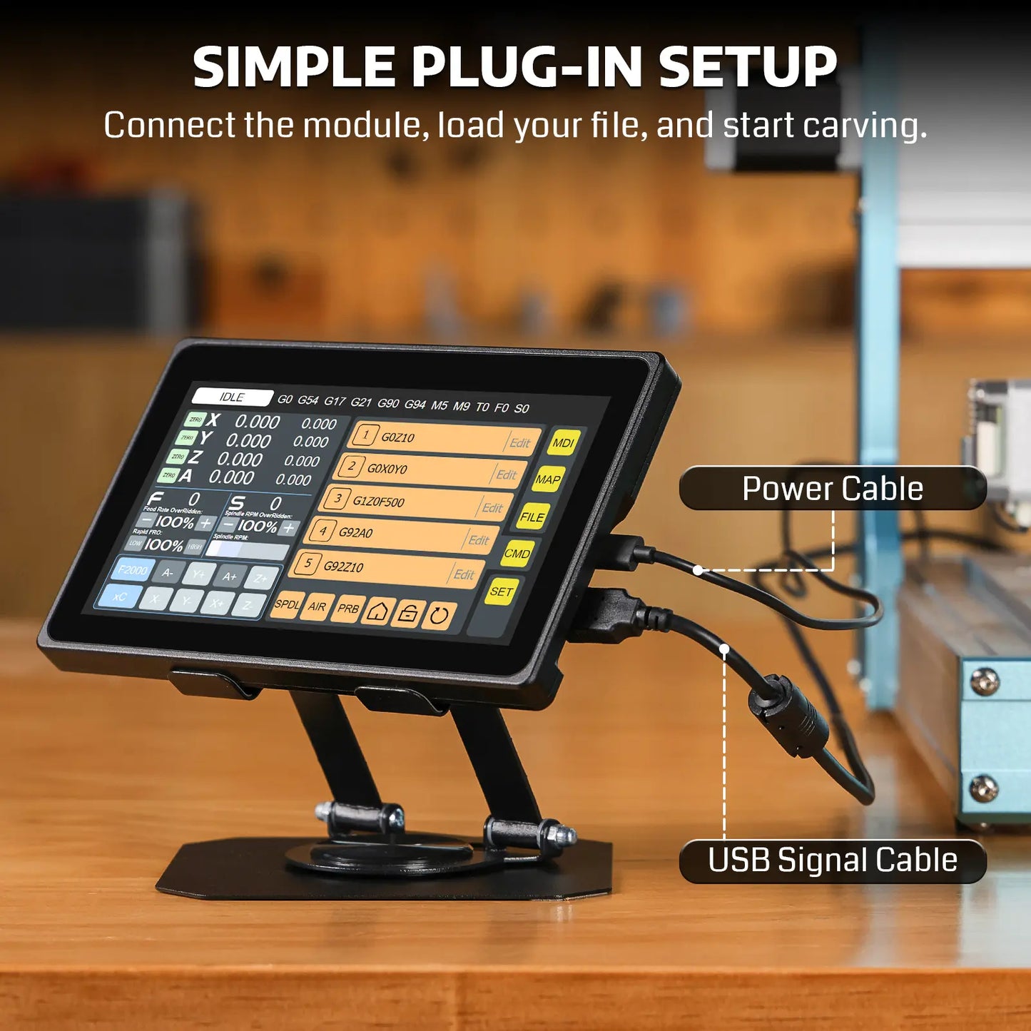 A digital signal conditioner or processing module with an integrated display screen on a black stand, shown on a wooden workbench with labeled cables for power and USB signal input. Text at the top reads 'SIMPLE PLUG-IN SETUP'.