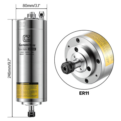 1.5KW/2.2KW Water Cooled Spindle Motor, 24K RPM ER11 Collet with Pre-Wired VFD Inverter Box & Pump, 4 Bearing Precision Motor for Metal Engraving