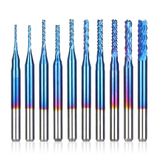 Set of ten blue and silver metal drill bits on a white background