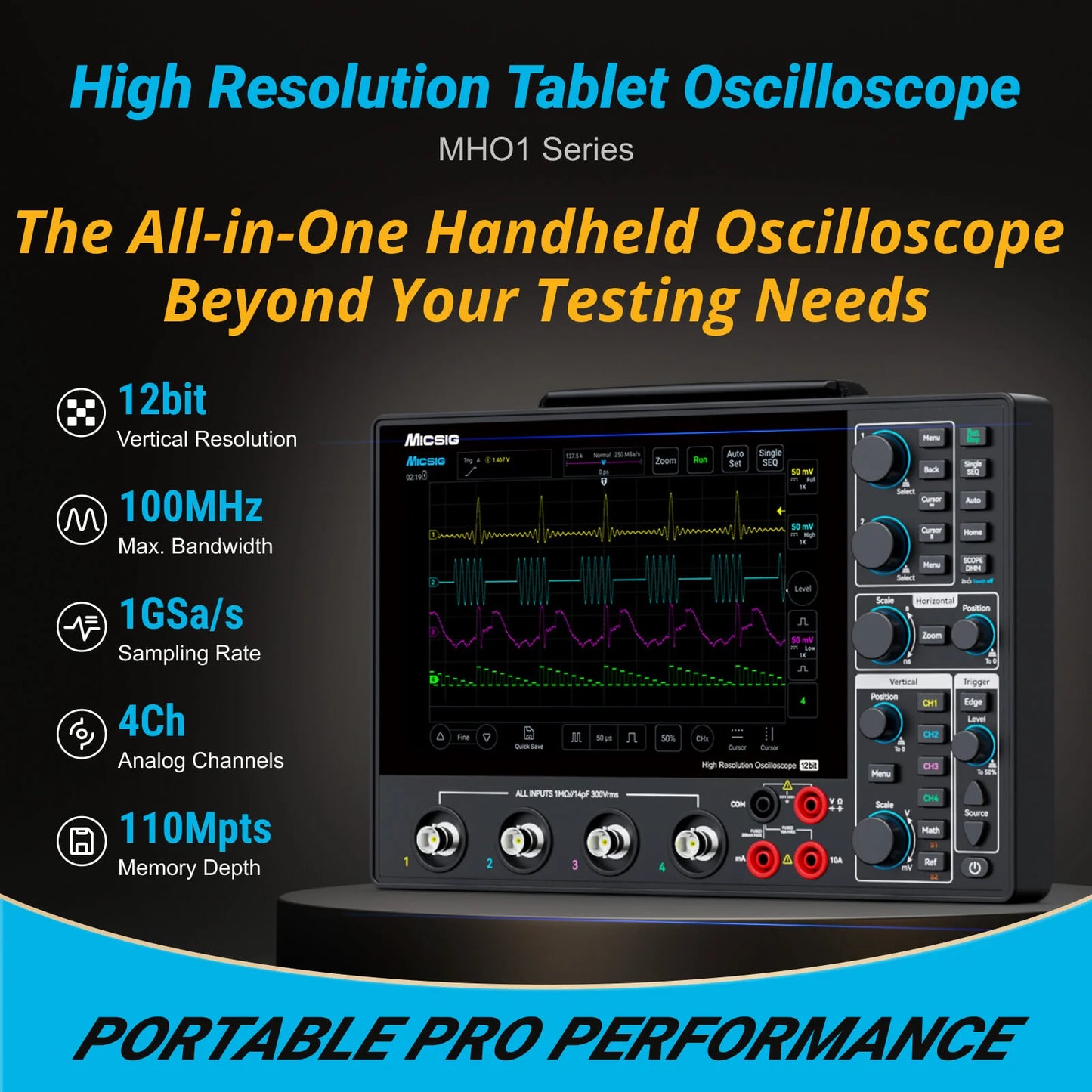 Micsig 12-bit High Resolution Tablet Oscilloscope MHO1, 100MHz Bandwidth, ≤3.5ns Rise Time, 4 Channels, Integrated 4 5/6 Digit Multimeter, 1GSa/s, 8” HD Touch Screen & 16000mAh Battery