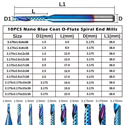 OS10A, 1/8" Shank,  Carbide Spiral O Flute (Single Flute) End Mill CNC Router Bits, 10Pcs