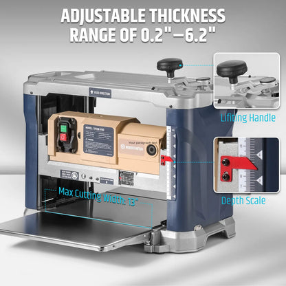 13-Inch Benchtop Wood Planer, 10,000 RPM with 3 HSS Blades, 21 ft/min Feed Rate, Adjustable Planing Height 1/4" to 6-1/4", Multi-Size Dust Port, Overload Protection for Woodworking