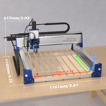 PROVerXL 2X2 Diemension CNC machine on a wooden table with measurements indicated