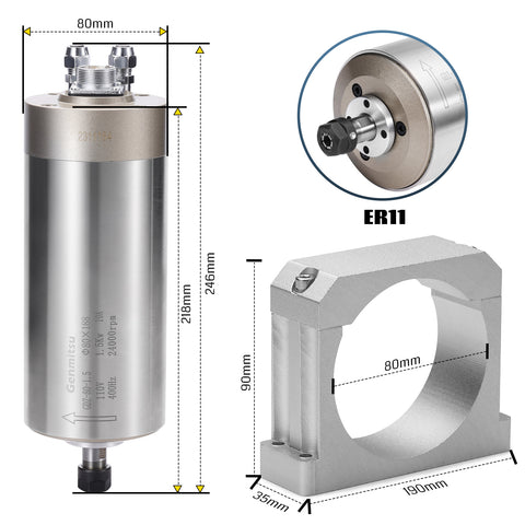 1.5KW-2.2KW Water Cooled Spindle Motor Kit, with VFD & Water Pump, Φ80mm Aluminum Clamp Mount, ER11 Collet, 0.003mm Accuracy for CNC Router Machine