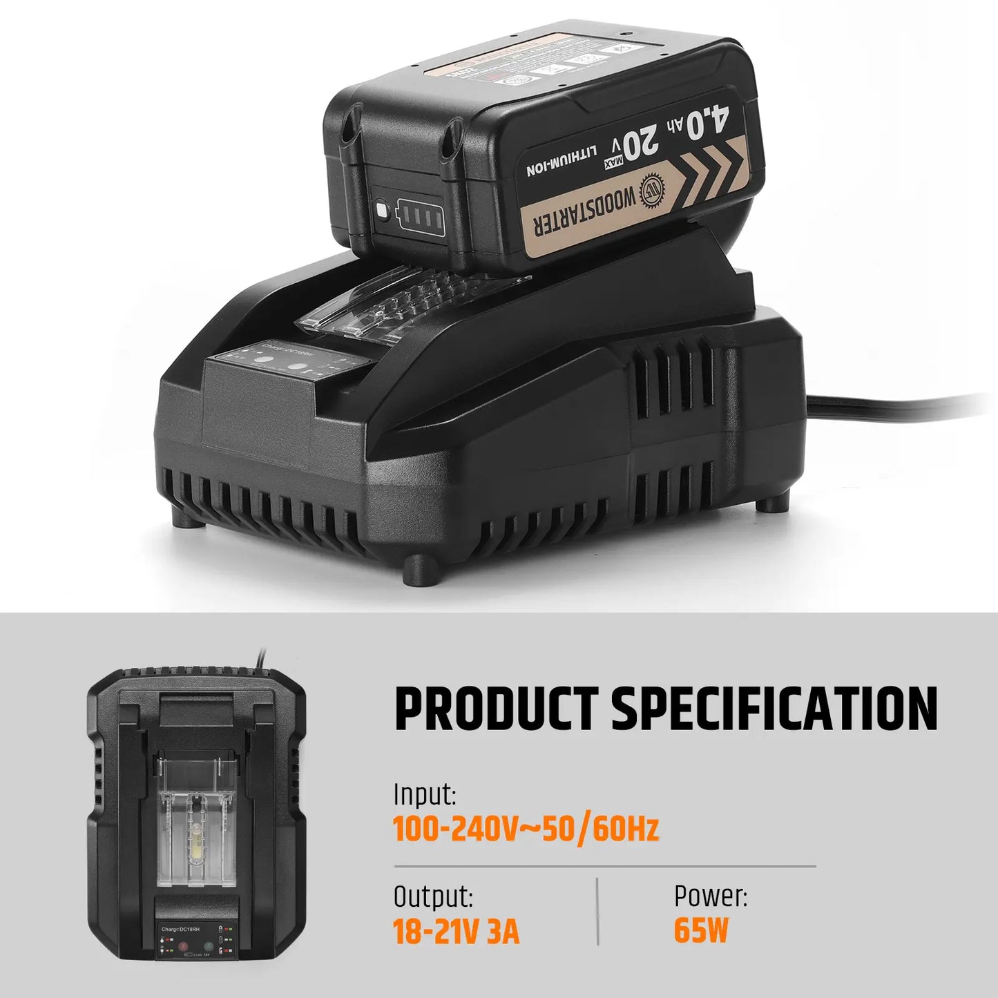 20V Makita-Style Battery Charger, Fast Charging, Only Compatible with 2.0Ah & 4.0Ah WOODSTARTER Lithium-Ion Makita-Style Batteries, ABS+PC Durable Housing, LED Indicator, Safety Protection
