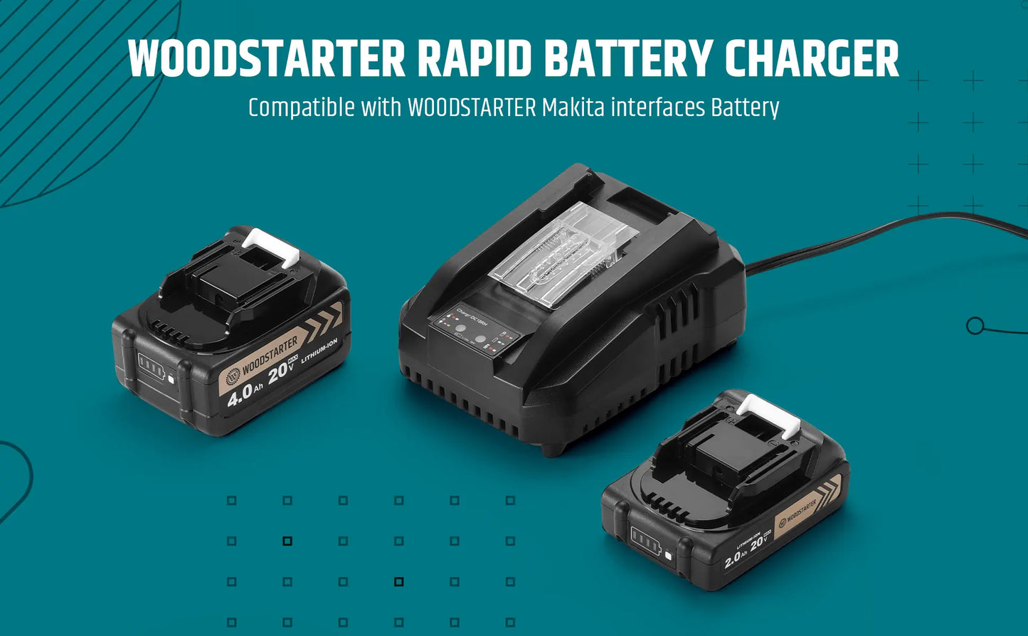 20V Makita-Style Battery Charger, Fast Charging, Only Compatible with 2.0Ah & 4.0Ah WOODSTARTER Lithium-Ion Makita-Style Batteries, ABS+PC Durable Housing, LED Indicator, Safety Protection