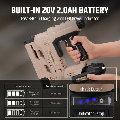 Cordless 18 Gauge 2-in-1 Brad Nailer & Stapler Kit, 20V 2.0Ah Battery & Charger Included, 5/8"-1-1/4" Nails & 5/8"–1" Staples, 6-Level  Depth Adjustment, LED Light, 2000 Nails Included