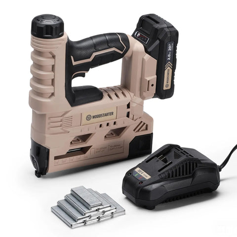 Cordless 18 Gauge 2-in-1 Brad Nailer & Stapler Kit, 20V 2.0Ah Battery & Charger Included, 5/8"-1-1/4" Nails & 5/8"–1" Staples, 6-Level  Depth Adjustment, LED Light, 2000 Nails Included.
