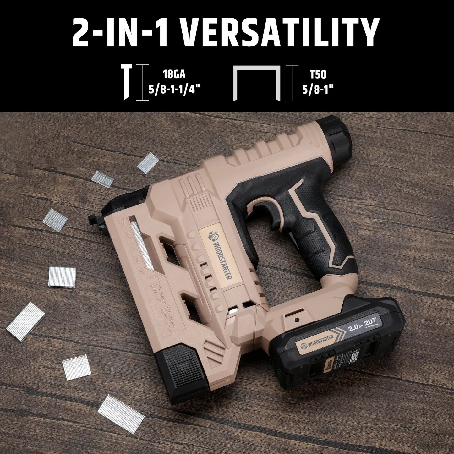 Cordless 18 Gauge 2-in-1 Brad Nailer & Stapler Kit, 20V 2.0Ah Battery & Charger Included, 5/8"-1-1/4" Nails & 5/8"–1" Staples, 6-Level  Depth Adjustment, LED Light, 2000 Nails Included