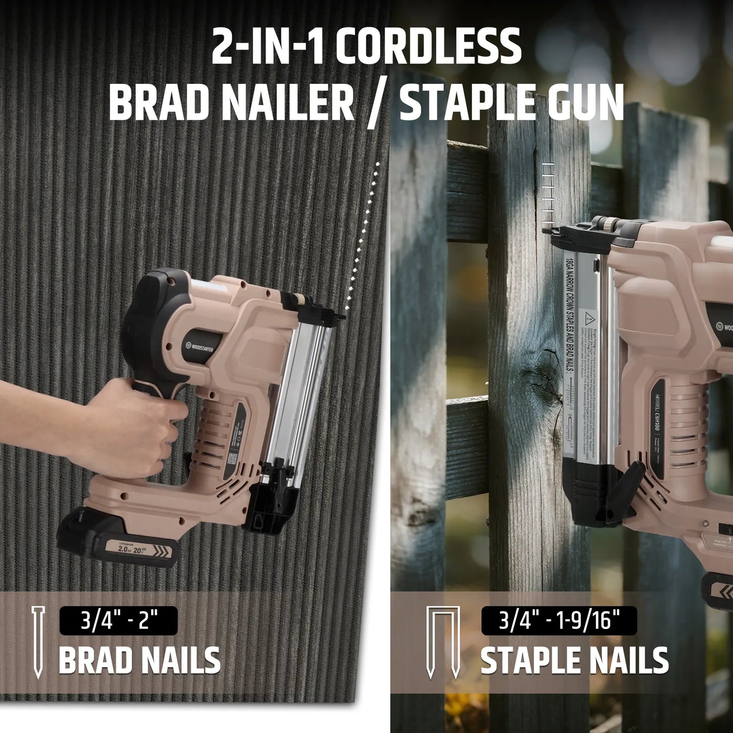 18 Gauge Cordless 2-in-1 Brad Nailer & Stapler Kit, 20V 2.0Ah Battery & Charger Included, 3/4"-2" Nails & 3/4"–1-9/16" Staples, Depth Adjustment, Dual Firing Modes, LED Light, 400 Fasteners Included