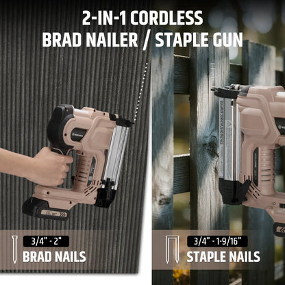 18 Gauge Cordless 2-in-1 Brad Nailer & Stapler Kit, 20V 2.0Ah Battery & Charger Included, 3/4"-2" Nails & 3/4"–1-9/16" Staples, Depth Adjustment, Dual Firing Modes, LED Light, 400 Fasteners Included