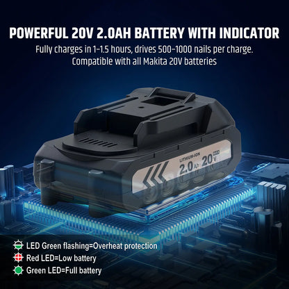 18 Gauge Cordless 2-in-1 Brad Nailer & Stapler Kit, 20V 2.0Ah Battery & Charger Included, 3/4"-2" Nails & 3/4"–1-9/16" Staples, Depth Adjustment, Dual Firing Modes, LED Light, 400 Fasteners Included