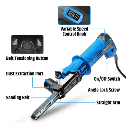 Detail Belt Sander, 1/2 x 18 Inch, 2.3AMP Motor, 1000-1800 ft/min 6 Speed, 0-60° Adjustable Angle, Tool-Free Belt Change, Lightweight Portable Sander for Wood, Metal, Plastic working with 3 Belts (#80 #120 #180)