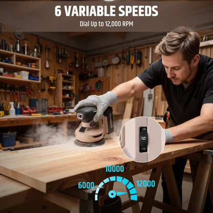 5 inch Cordless Random Orbital Sander, Brushless 6-Speed 6000–12000 RPM, Compatible with Makita Batteries,Electric Palm Orbital Sander for Sanding, Includes Dust Bag & 12PCS Sandpapers