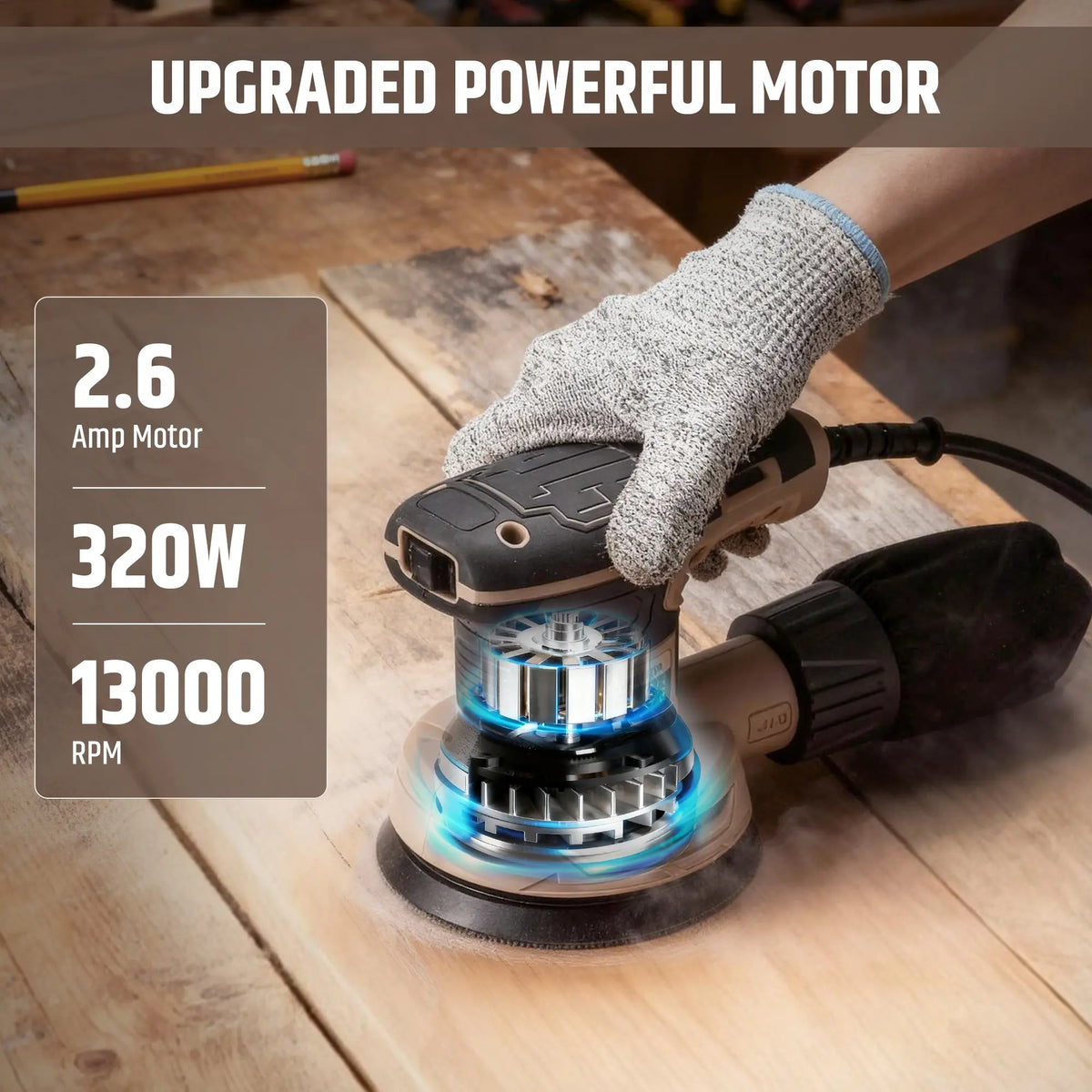 5-Inch Cored Random Orbital Sander, 2.6Amp 320W Variable Speed (8000–1 ...