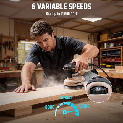 5-Inch Cored Random Orbital Sander, 2.6Amp 320W Variable Speed (8000–13000RPM) Electric Sanders for Wood & Metal, Low Vibration, Aluminum Fan Blades, 15 Sandpapers, Dust Bag Included
