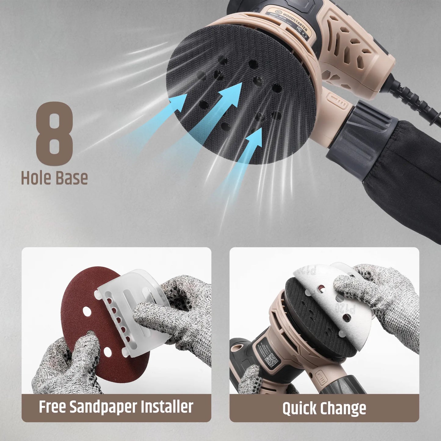 5-Inch Cored Random Orbital Sander, 2.6Amp 320W Variable Speed (8000–13000RPM) Electric Sanders for Wood & Metal, Low Vibration, Aluminum Fan Blades, 15 Sandpapers, Dust Bag Included