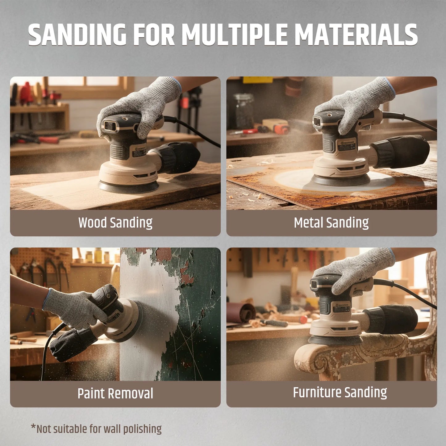 5-Inch Cored Random Orbital Sander, 2.6Amp 320W Variable Speed (8000–13000RPM) Electric Sanders for Wood & Metal, Low Vibration, Aluminum Fan Blades, 15 Sandpapers, Dust Bag Included