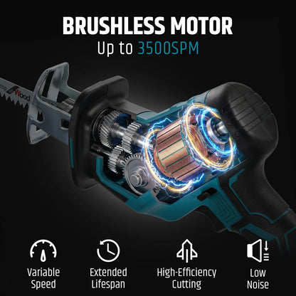 Cordless Reciprocating Saw, 3500 SPM Electric Saw with Brushless Motor & 4 Saw Blades, Tool‑Free Blade Change, Portable for Wood & PVC Cutting, Compatible Makita Battery