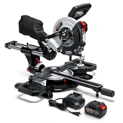 Cordless Miter Saw, Brushless Motor 4200 RPM, 12 in Crosscut, 2.5 in Depth, Single Bevel 45° & Dual Miter ±45°, Compact DIY Woodworking, Battery & Charger  Included