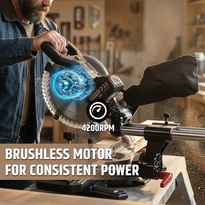 Cordless Miter Saw, Brushless Motor 4200 RPM, 12 in Crosscut, 2.5 in Depth, Single Bevel 45° & Dual Miter ±45°, Compact DIY Woodworking, Battery & Charger  Included