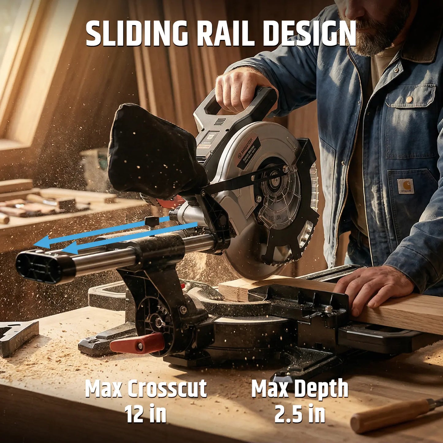 Cordless Miter Saw, Brushless Motor 4200 RPM, 12 in Crosscut, 2.5 in Depth, Single Bevel 45° & Dual Miter ±45°, Compact DIY Woodworking, Battery & Charger  Included