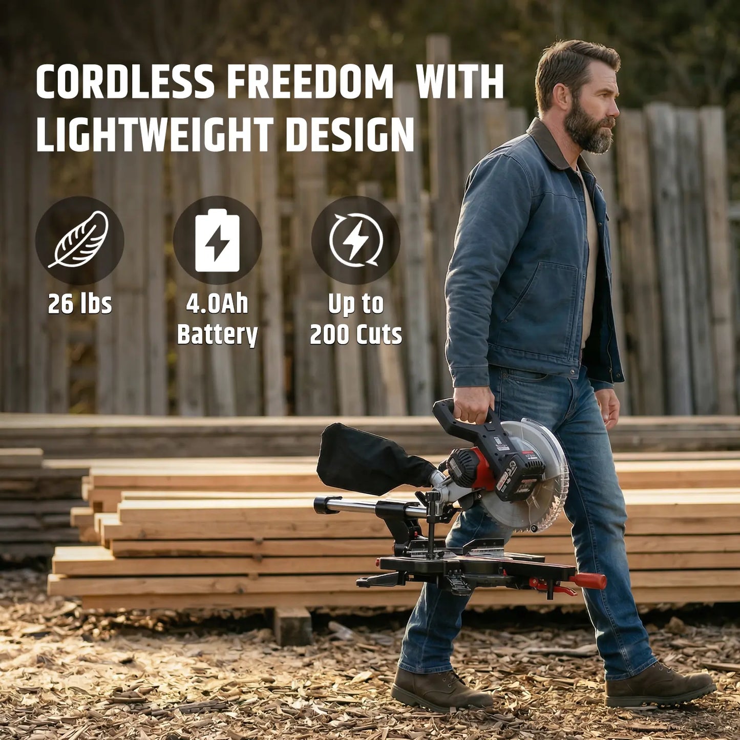Cordless Miter Saw, Brushless Motor 4200 RPM, 12 in Crosscut, 2.5 in Depth, Single Bevel 45° & Dual Miter ±45°, Compact DIY Woodworking, Battery & Charger  Included