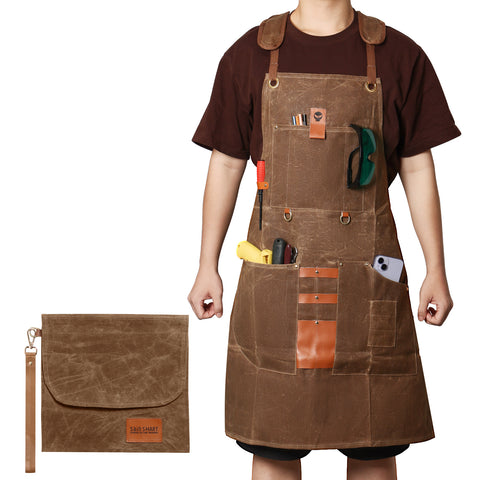 Waxed Canvas Work Apron, Waterproof Dustproof Cotton Canvas Crossback Adjustable Apron, Unisex, One Size Fits All