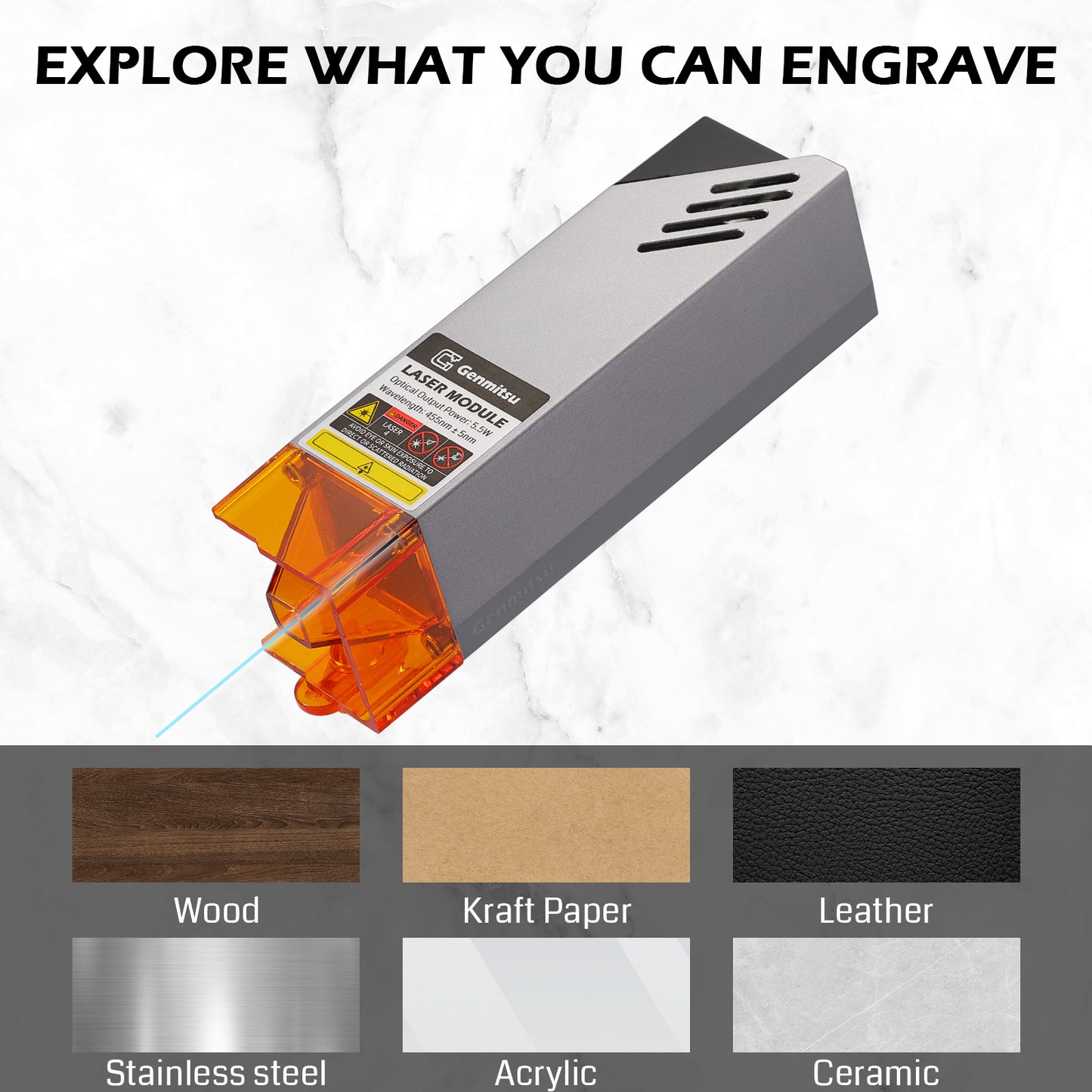 Laser engraving module with materials it can engrave on a white background