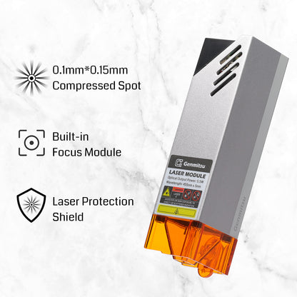 Laser module with features highlighted on a light gray background