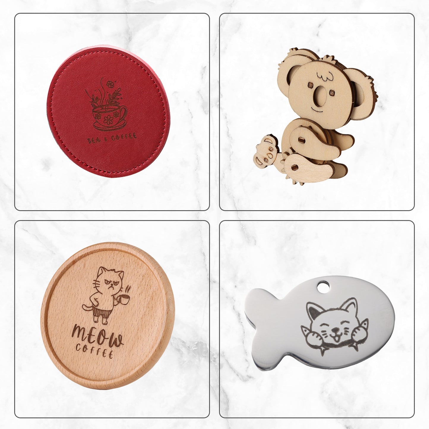 Set of four items including a red coaster, wooden bear figurine, wooden cat coaster, and metal cat tag on a marble background.