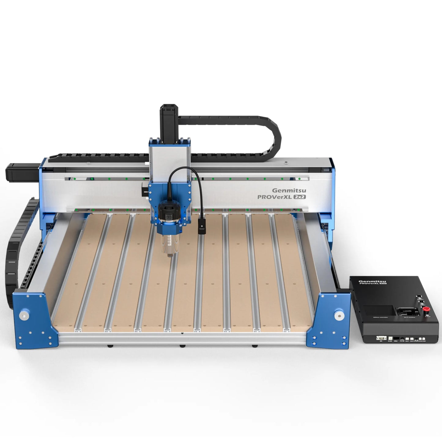 CNC machine with a wooden worktable on a white background
