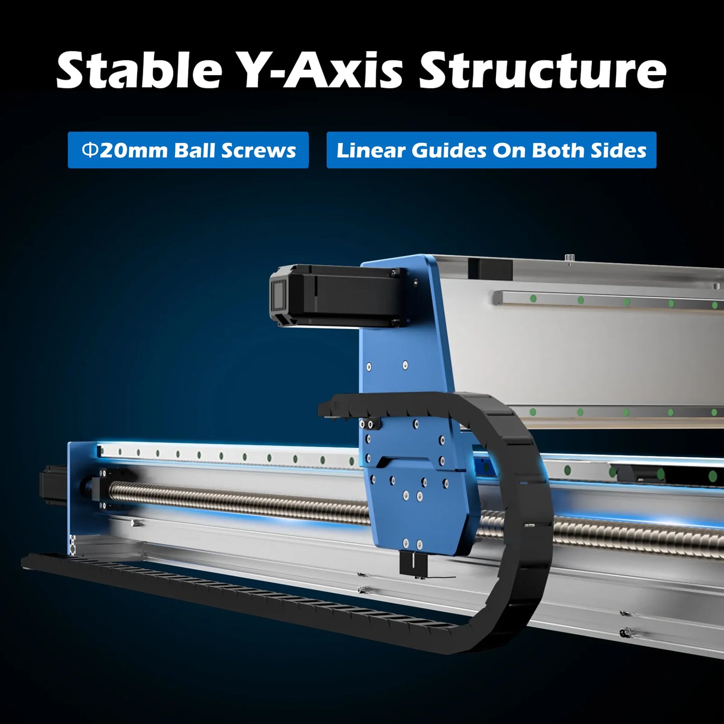 Mechanical component with text highlighting stable Y-axis structure on a dark background