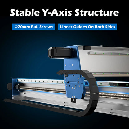 Mechanical component with text highlighting stable Y-axis structure on a dark background