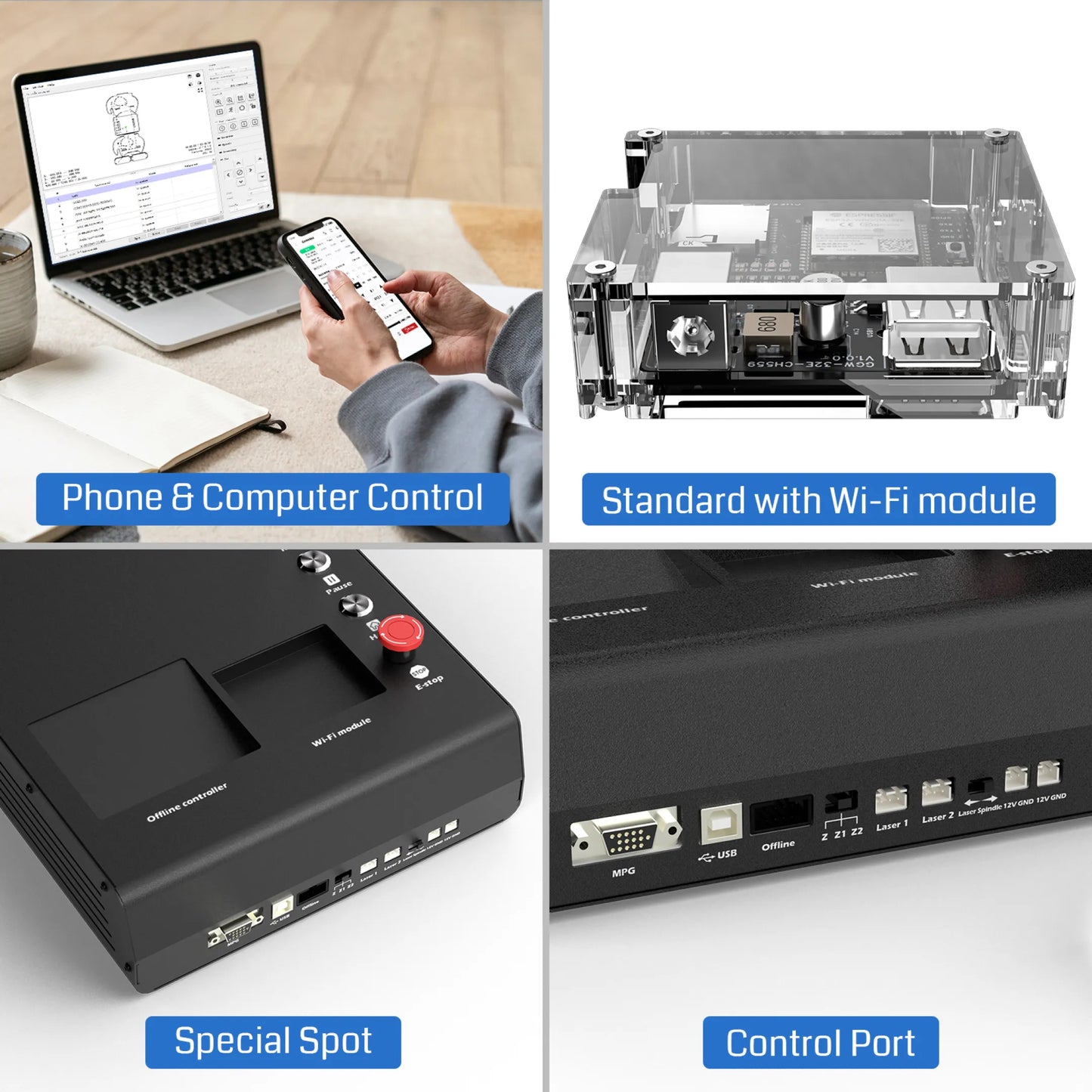 Collage of electronic device components with text labels on a white background