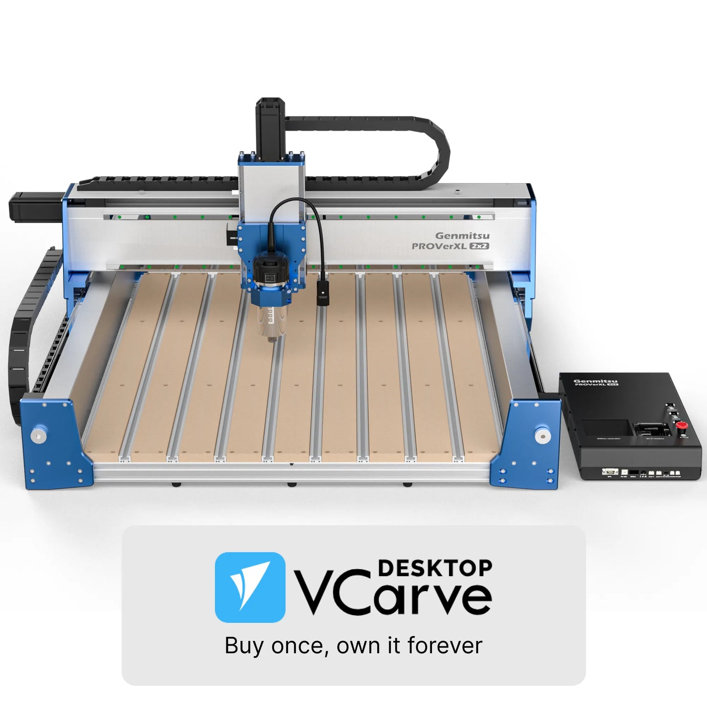 CNC machine with 'Desktop VCarve' branding on a white background