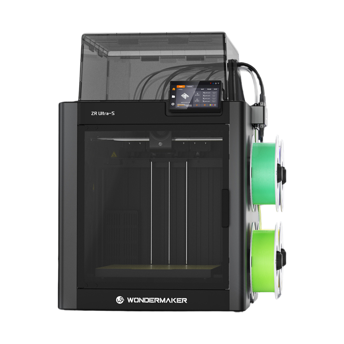 A Wondermaker 22 Ultra S 3D printer in black with a digital display screen on the top right, shown with two spools of bright green filament on the side, set against a plain white background.