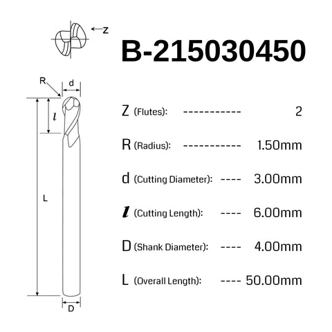 [Discontinued] Genmitsu CNC Ball Nose End Mill, 2 Flutes, 4mm Shank, 1.5mm Radius, 3.0mm Cut Diameter