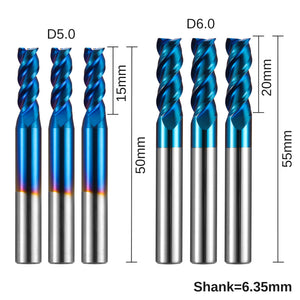 SN06A, 1/4’’ Shank, 3-Flute, 5 & 6mm Cutting, 6 Pcs End Mill for Aluminum Applications