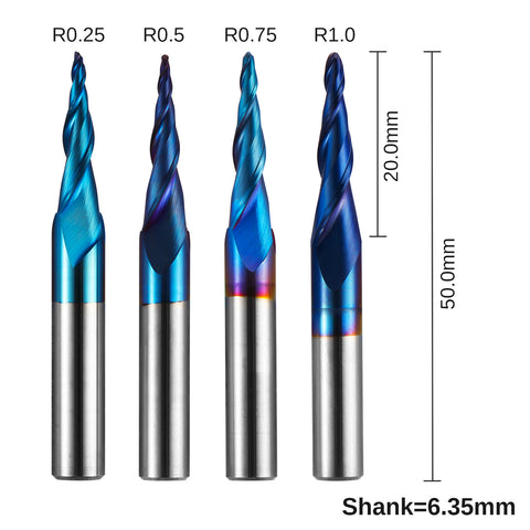 TB04B, 1/4" Shank, 2-Flute, Tapered Ball Nose, Spiral End Mill, 4 Pcs