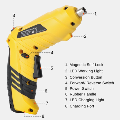 Rechargeable Cordless Electric Screwdriver, 1/4" Hex Chuck