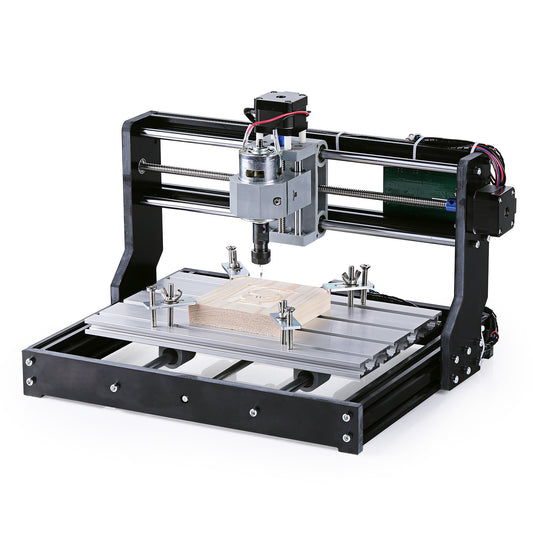 CNC machine with a wooden block on a white background