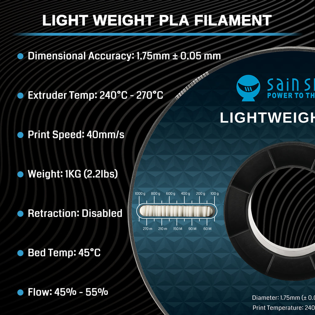 LW PLA Filament 1.75mm, White, 1KG, Lightweight LowDensity Active Foa