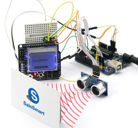 [Discontinued] UNO Prototype Kit+LCD4884+Prototype+HC-SR04 Ultrasonic Distance Sensor